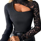 ✨2026 New Arrival 50%OFF✨Women's Asymmetrical Cutout Lace Sleeve Top – Slim Fit, Mock Neck & Romantic Keyhole Back Detail 👗🖤