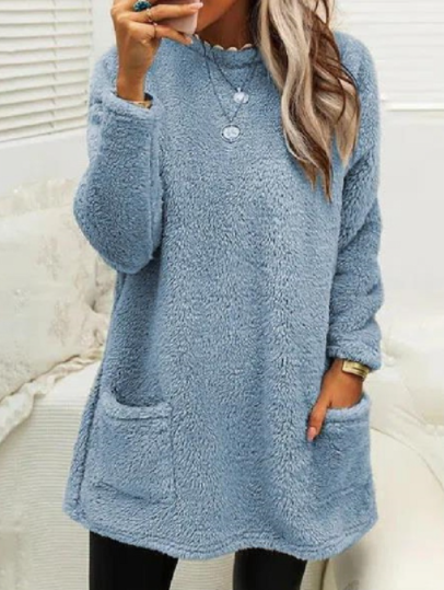 Pocket Crew Neck Casual Warm Long Sleeve T-Shirt Dress