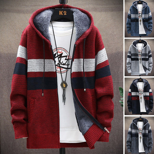 Men's striped knitted jacket with hood